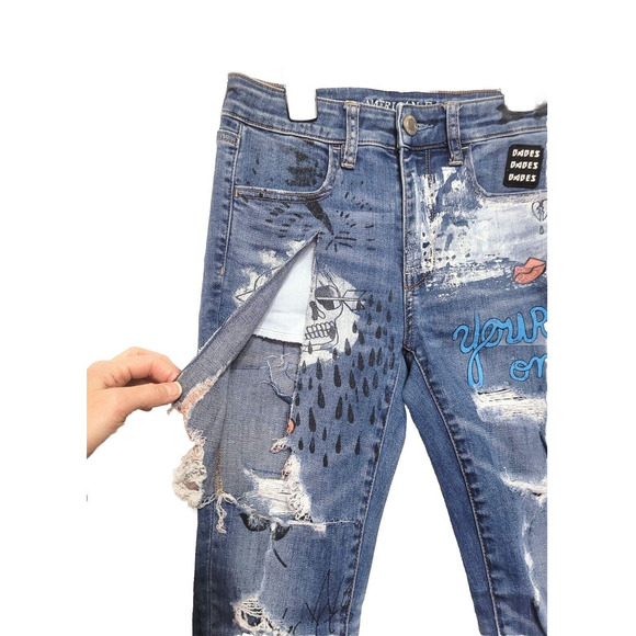 American Eagle Super Stretch Hi Rise Jegging Womens Size 2 Graffiti Destroyed - Picture 7 of 16